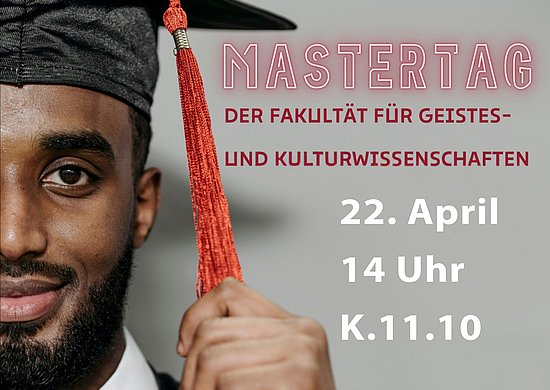 Ein Studierender mit Magisterhut lächelt in die Kamera. Außerdem werden die Termininformationen zur Veranstaltung angegeben. 
