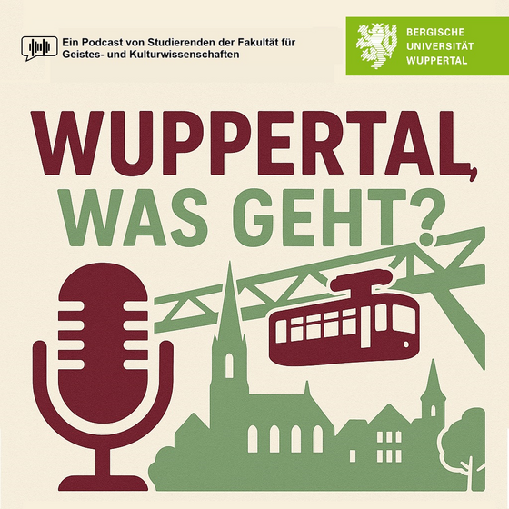 Eine Grafik mit Podcastmikrofon und einer Schwebebahn, in den Farben der Fakultät und der Uni