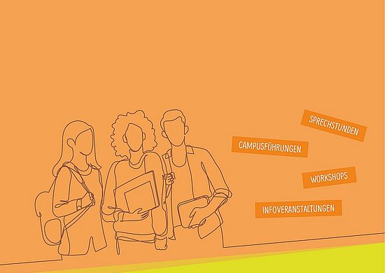 Grafik die Studierende mit Lernutensilien zeigt. 